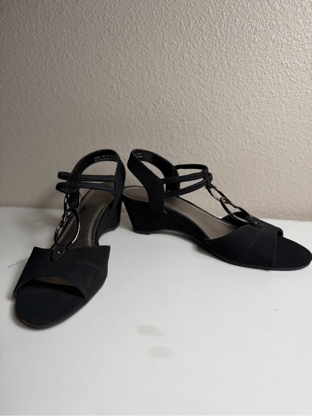 Impo~Black Textile~Peep Toe~Slip-On~Wedge~Sandal~Metal Ring Accent~Size 8.5
